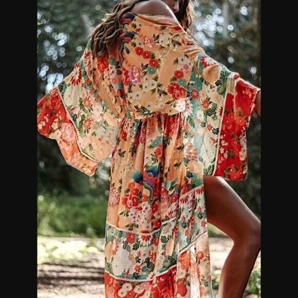 Orange Floral Kimono Beach Swim Coverup with Tie NEW - Picture 1 of 2